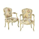 Pair of Louis XV-Style Polychrome Fauteuils