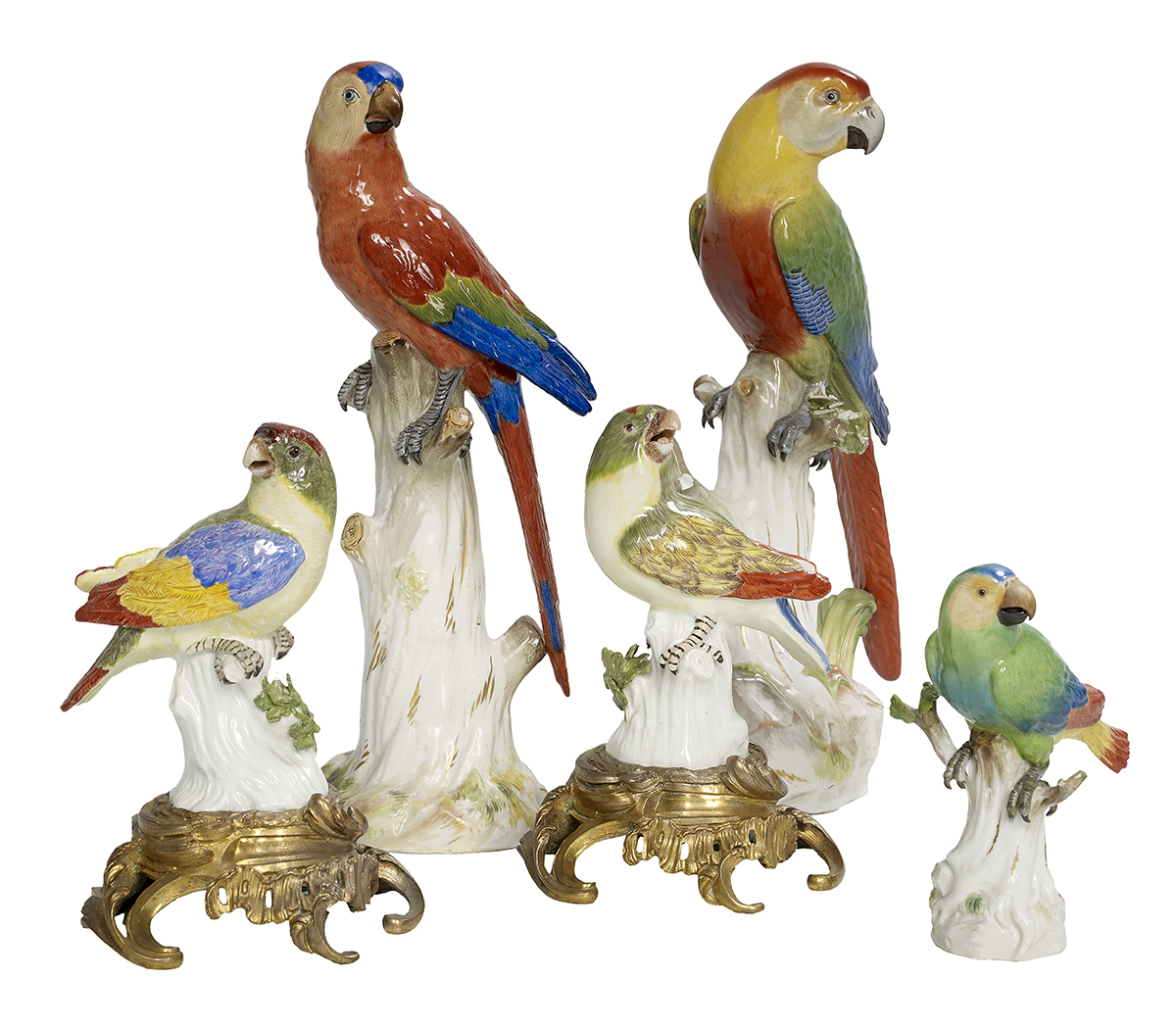 Five Meissen Porcelain Parrot Figures