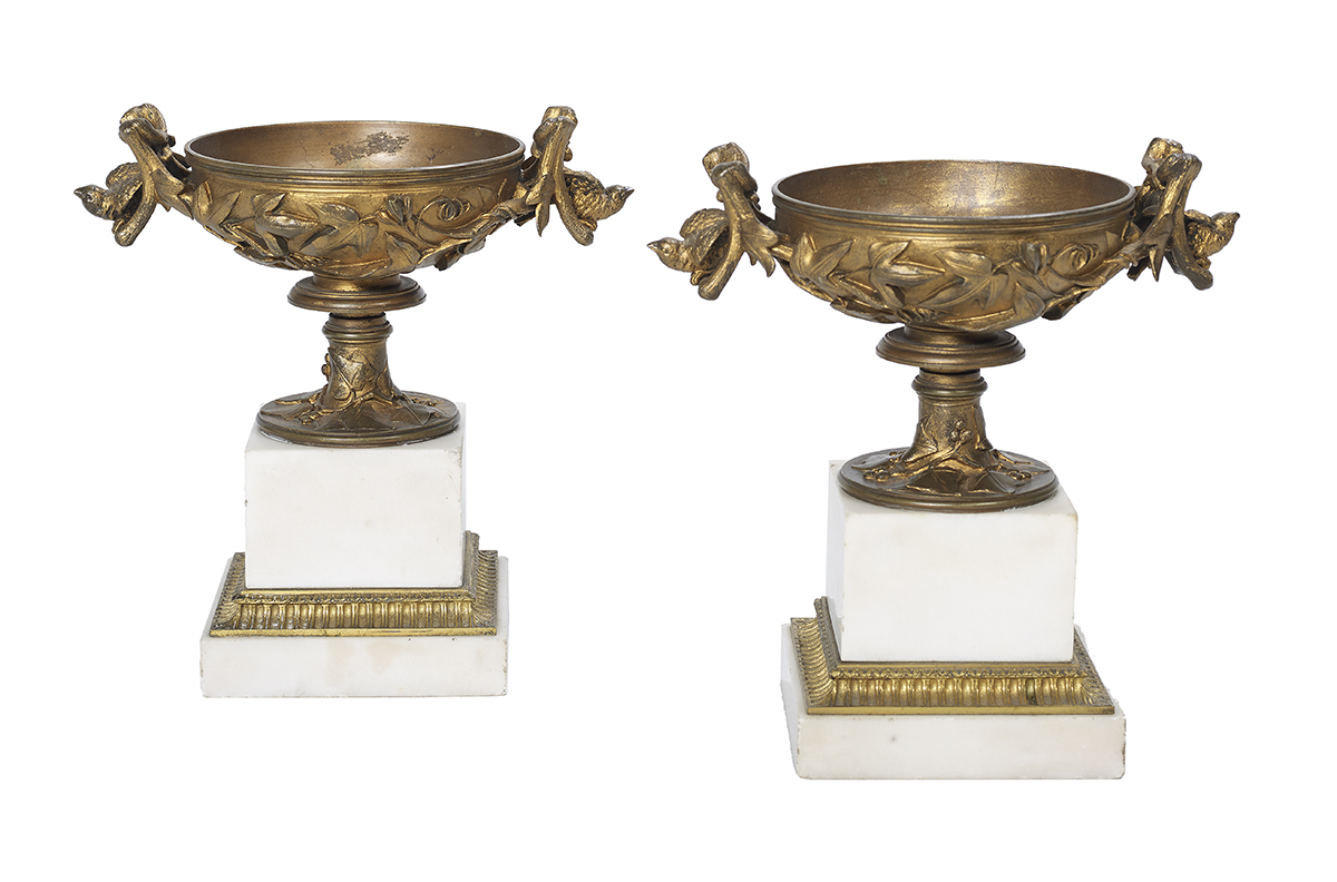 Pair of French Bronze and Marble Garnitures