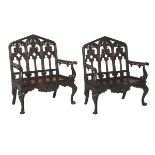 Pair of English Gothic Revival Oak Hall Benches