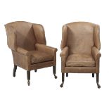 Pair of Leather and Oak Wing Chairs