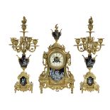 French Gilt-Bronze and Enamel Clock Set