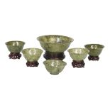 Group of Six Chinese Spinach Hardstone Bowls