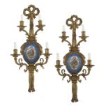 Pair of French Gilt-Bronze and Porcelain Sconces