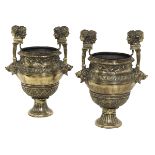Pair of Large Polished Bronze Urns