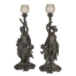 Pair of Patinated Metal Gas Newel Post Lamps