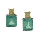 Pair of Emerald and Yellow Diamond Earrings
