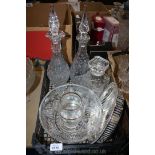 Three Decanters, large bowl and Bohemian glass Jar.