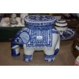 A large blue and white china Elephant Stool