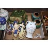 Miscellaneous china including a pair of continental figures, cheese dish, Denby vase,
