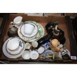 A box of miscellaneous china including Royal Doulton plates, ornaments etc.