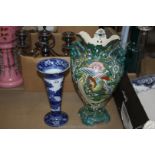 A Wedgwood willow pattern trumpet Vase (chip to rim) together with a large oriental vase (a/f)