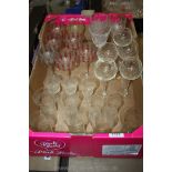 A quantity of glass including etched glass tumblers, coloured glass wine glasses, etc.