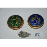Two enamelled boxes and a pewter duck