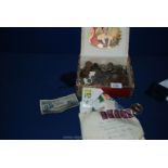 A Cigar Box of miscellaneous coins, stamps and Crowns.