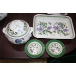 A large Portmeirion ''Botanical Garden'' oblong serving Dish and lidded tureen and two small plates.