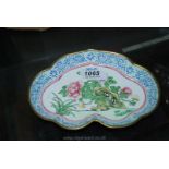 A small enamelled kidney shaped Dish, hand decorated with rockwork,
