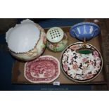 A box of mixed china including Masons plate, rose bowl and jardiniere,