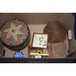 A quantity of miscellanea and Treen including woven basket and contents, dish, box,