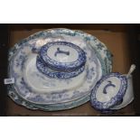 Three blue and white meat Dishes and two Doulton sauce tureens and ladles.