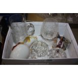 Three small glass swans, two salts, glass tankard decorated with fern,