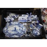 A quantity of blue and white Delftware vases and figurines, etc.