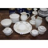 A quantity of china including a Leeds creamer, dolphin candlestick, lidded biscuit box,