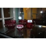 Two Cranberry Bowls with frilled edges, small decorative Dish and jug.