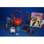 Miscellaneous items to include a Chinese wooden picnic basket, ceramic mask, painted candlesticks,