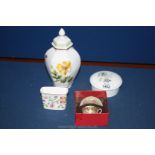 A Spode lidded vase, miniature commemorative cup and saucer and Wedgwood trinket pot etc.