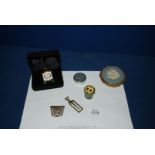 A modern miniature clock, Halcyon Days enamel pot, silver bookmark, compact etc.