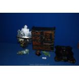 Assorted box oriental artifacts including writing stand, jewellery chest, black folding shelf,