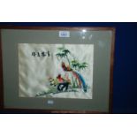 A Well Executed Oriental Embroidery on Silk of Asiatic Pheasants Signed - Oak Framed & Mounted.