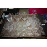A box of assorted cut glassware including whiskey tumbler.