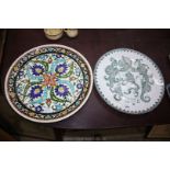 A Portuguese Maiolica armorial pottery charger and a large lznik style hand painted plate.