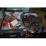 Two boxes of Scalextric track including; hand controls, track edging, etc.