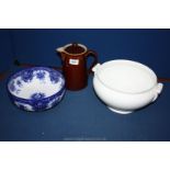 A large blue and white bowl, coffee jug and white Wedgwood tureen.