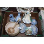 A small quantity of Wedgwood blue Jasperware items including vases and trinket pots,
