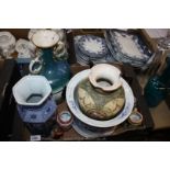 A box of china including blue and white jardiniere and saucer, large oriental teapot,