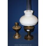 Two Brass Oil Lamps, one with chimney and milk glass shade.