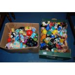 Two boxes of empty bath and shower foam containers including Super Mario, Fireman Sam,