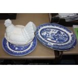 Three Churchill willow pattern steak plates, two old willow dinner plates,