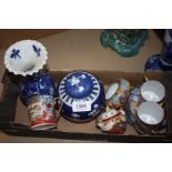 An oriental blue and white vase and ginger jar together with satsuma 2 coffee cups and saucers, etc.