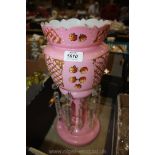 A pink glass decorated with strawberries, lustre Vase, as found.