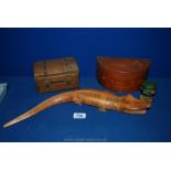 A half moon wooden box, articulated Crocodile, copper covered box,