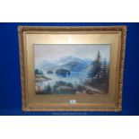 A heavy gilt framed Watercolour of fir trees and a lake with boats and mountains,