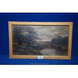 An Oil on artist's board depicting a Wood and Lake, signed R. Hull.