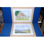 A pair of Prints on canvas, one of a landscape with lake and hills the other,