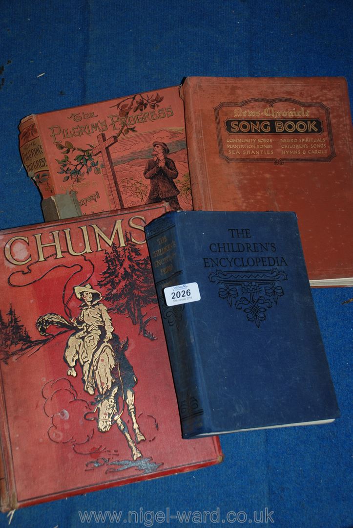 Four books; Chums, The Pilgrims Progress, Song Book and Children's Encyclopaedia.