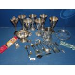 Six silver plated Welsh goblets and miscellaneous silver plated items.